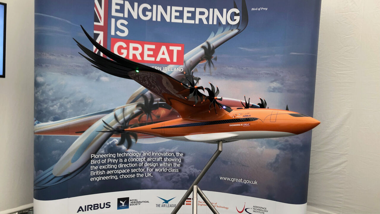 An Airbus concept aircraft with a wing design inspired by nature, dubbed Bird of Prey, is displayed at the Royal International Air Tattoo at Raf Fairford, near Fairford, Britain July 19, 2019. REUTERS/Tim Hepher