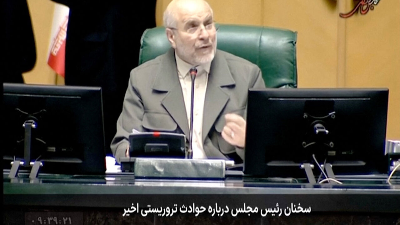 Iran's Parliament Speaker, Mohammad Baqer Qalibaf speaks in parliament about Iran's response to possible U.S. attacks, in Tehran, Iran January 11, 2026, in this screengrab obtained from a video. IRINN/via Reuters TV/Handout via REUTERS
