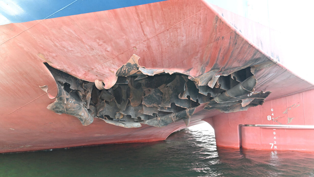 FILE PHOTO: The damaged stern of a bulk carrier operated by South Korean shipper HMM, after it was struck by two unidentified objects on May 4 while stranded in the Strait of Hormuz, in this handout picture released on May 10, 2026.    South Korean Foreign Ministry/Handout via REUTERS   ATTENTION EDITORS - THIS IMAGE HAS BEEN SUPPLIED BY A THIRD PARTY./File Photo