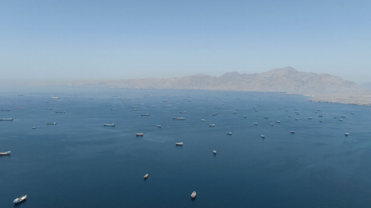 A drone view shows vessels anchored at the Strait of Hormuz, as seen from Musandam, Oman, May 25, 2026. REUTERS/Stringer