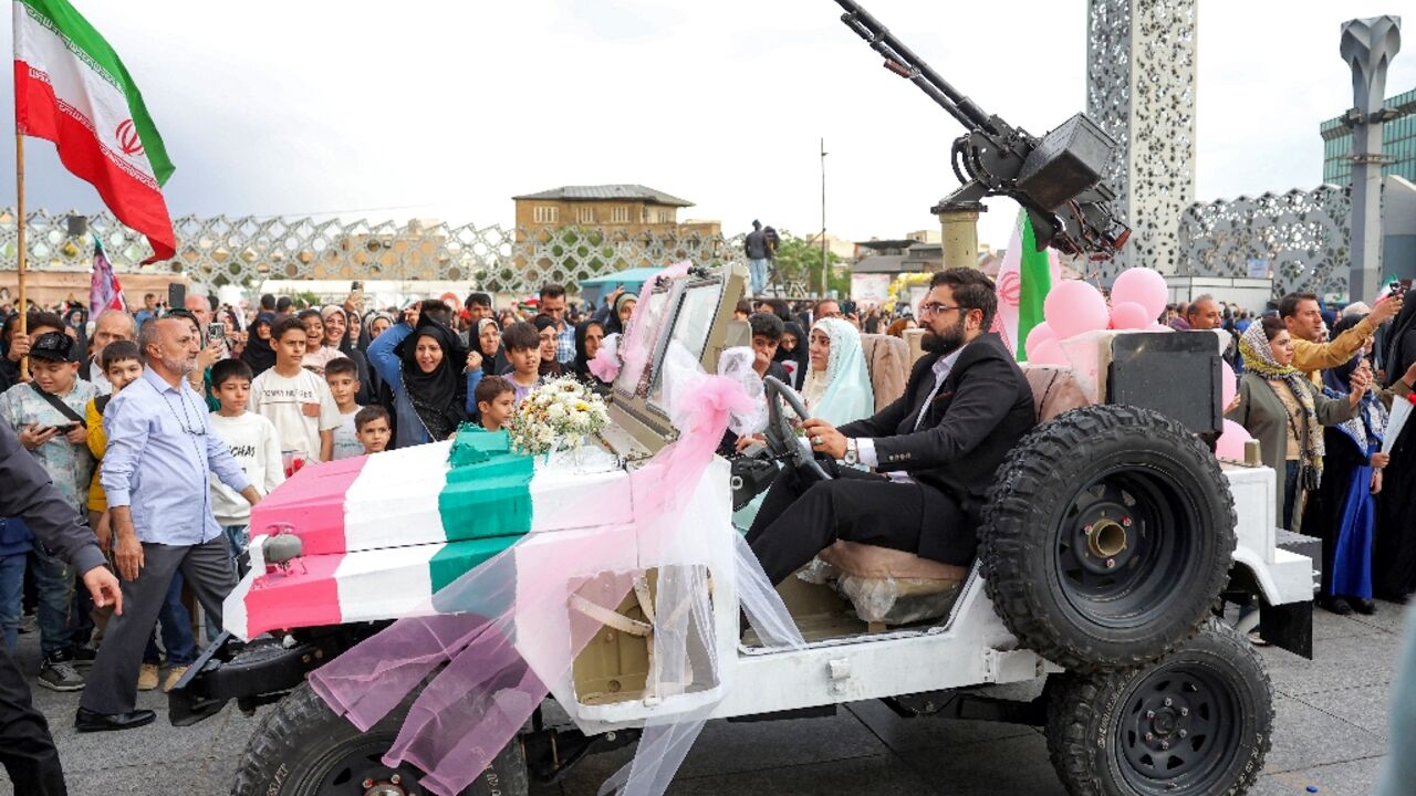 The couples arrived in military jeeps
