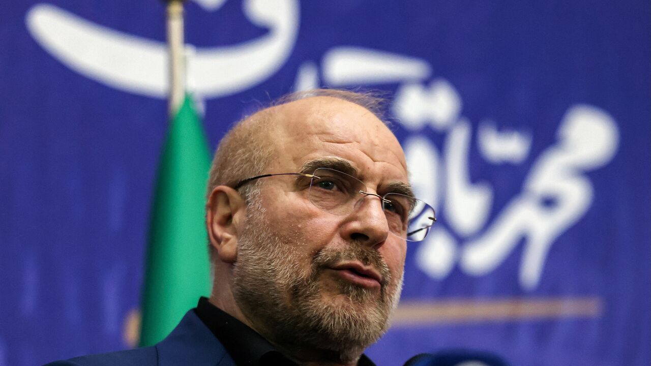 Iran's Parliament Speaker Mohammad Bagher Ghalibaf speaks during an election campaign rally ahead of the presidential vote in Tehran on June 15, 2024. 