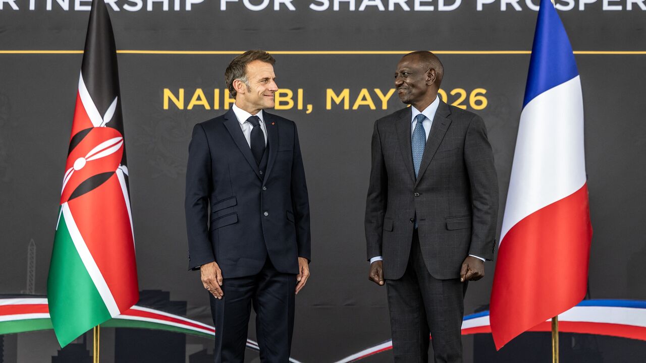 French President Emmanuel Macron and Kenyan President William Ruto during a reception at the State House ahead of the Africa Forward summit in Nairobi on May 10, 2026. 
