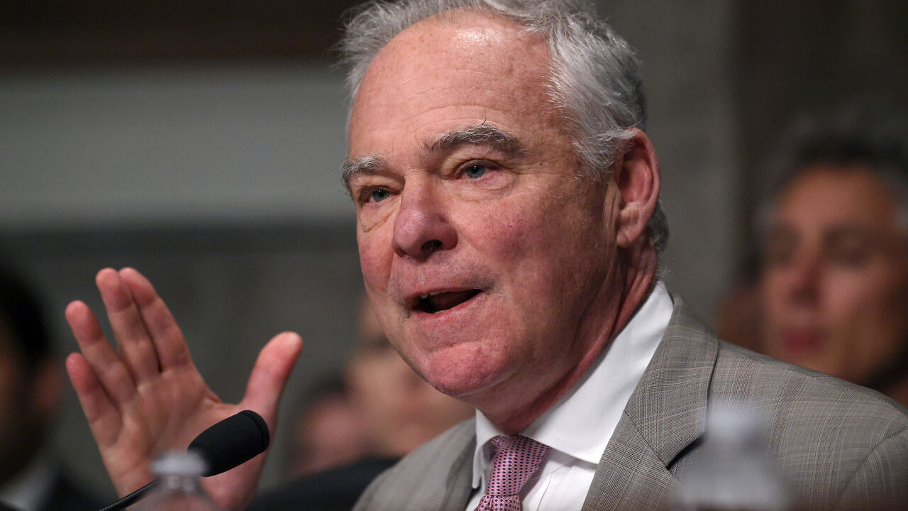 Sen. Tim Kaine (D-VA) speaks during a Senate Armed Services Committee hearing in the Dirksen Senate Office Building on Capitol Hill on May 14, 2026 in Washington, DC.