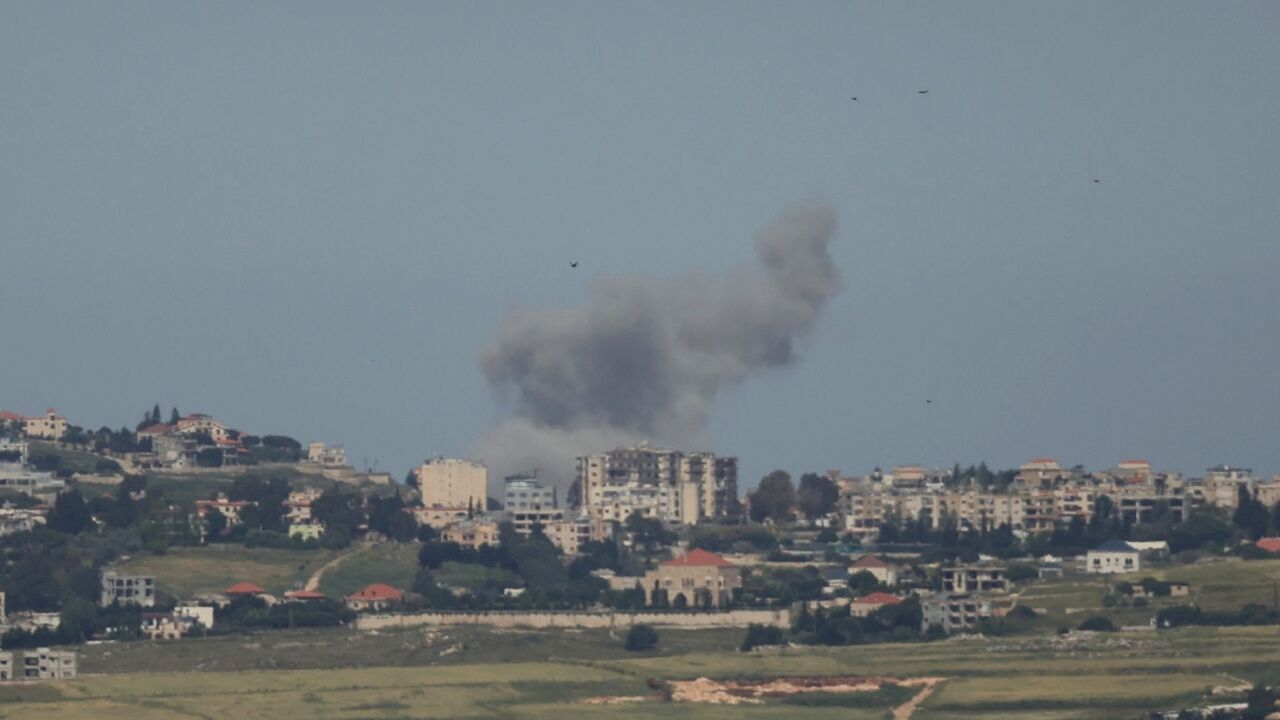 Smoke rises after an Israeli airstrike on the southern Lebanese village of Jibshit on May 17