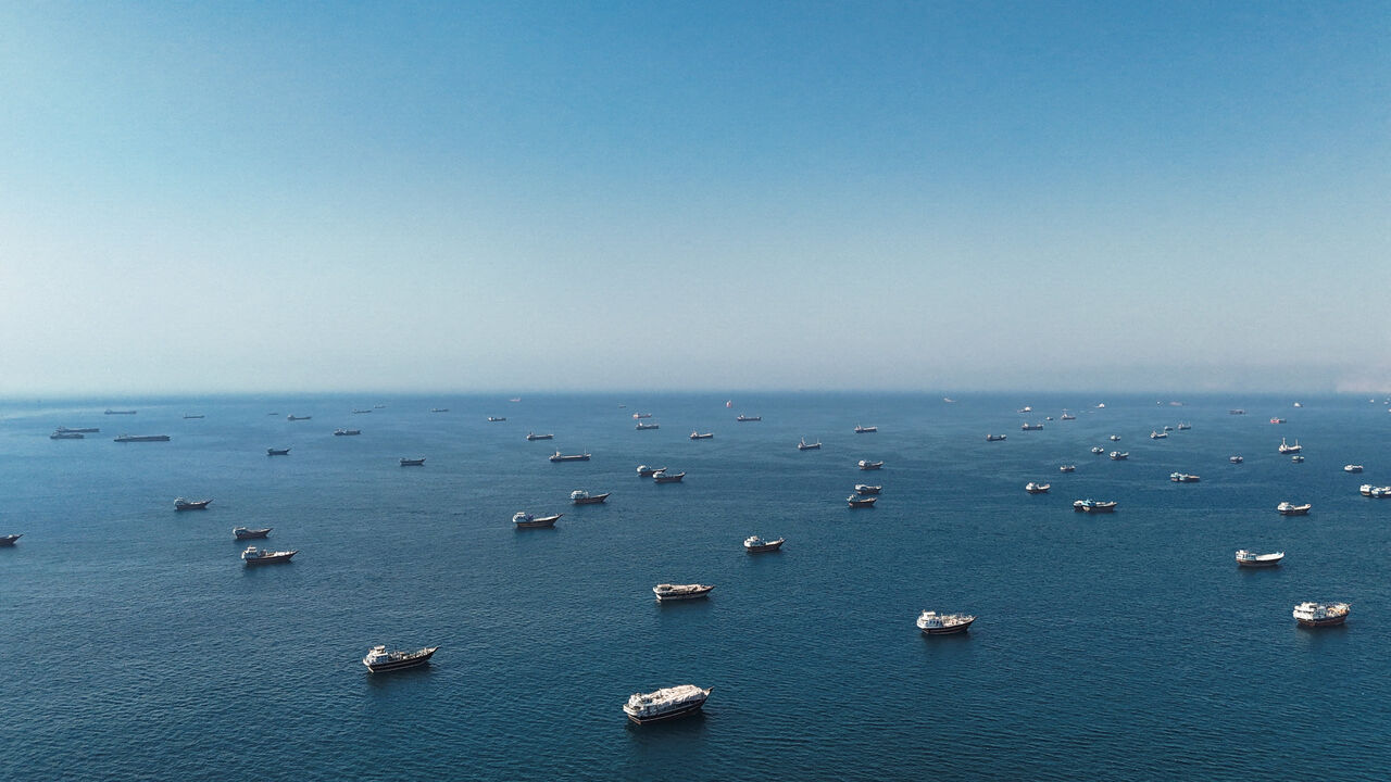A drone view shows vessels at the Strait of Hormuz, as seen from Musandam, Oman, June 1, 2026. REUTERS/Stringer