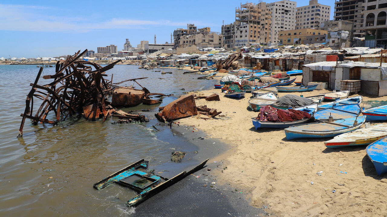 Skiffs used by Palestinian fishermen are docked on the beach in Gaza City, June 3, 2026. REUTERS/Ebrahim Hajjaj