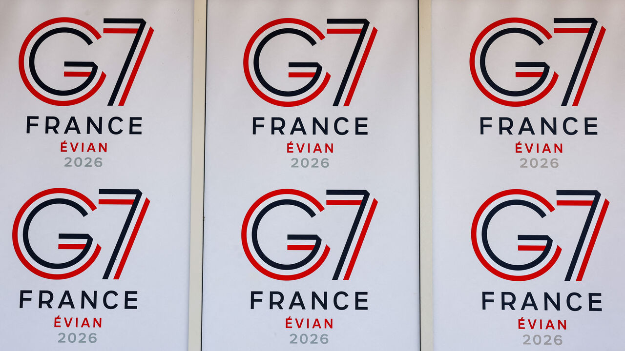 FILE PHOTO: G7 logos are pictured on the pier ahead of the G7 summit in Evian-les-Bains, France, June 12, 2026. REUTERS/Denis Baliboouse/File Photo