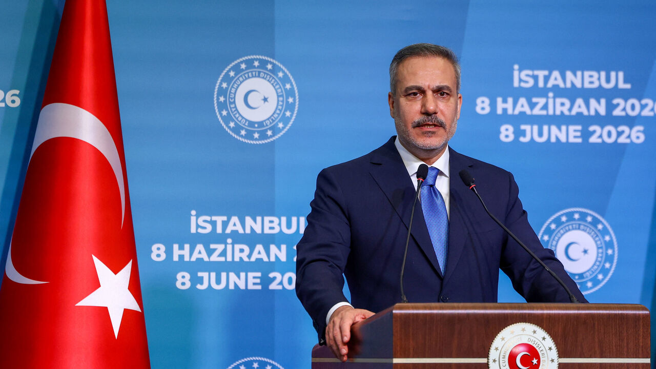 Turkish Foreign Minister Hakan Fidan speaks during a press conference with his counterparts Jeyhun Bayramov of Azerbaijan and Maka Bochorishvili of Georgia (not pictured) after their meeting in Istanbul, Turkey, June 8, 2026. REUTERS/Dilara Senkaya