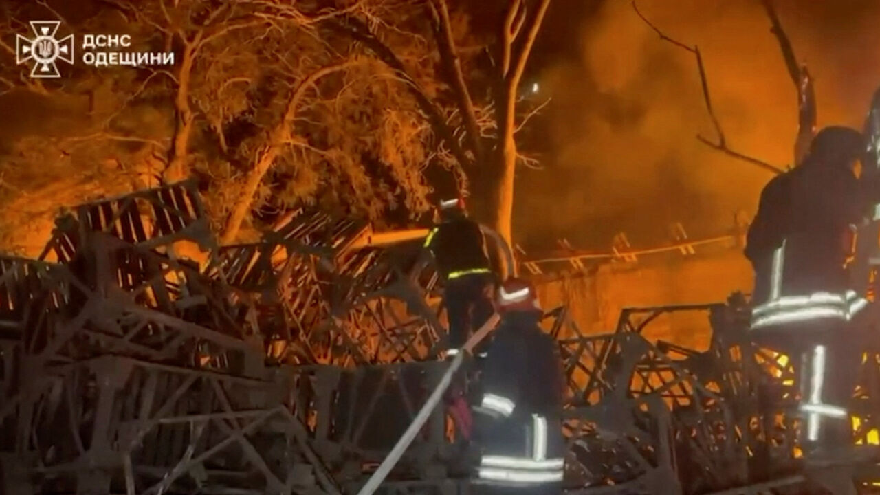 Firefighters work at the site of a Russian strike, amid Russia's attack on Ukraine, at a location given as Odesa Region, Ukraine, in this still image from video released June 22, 2026.    State Emergency Service of Ukraine in Odesa Region/Handout via REUTERS