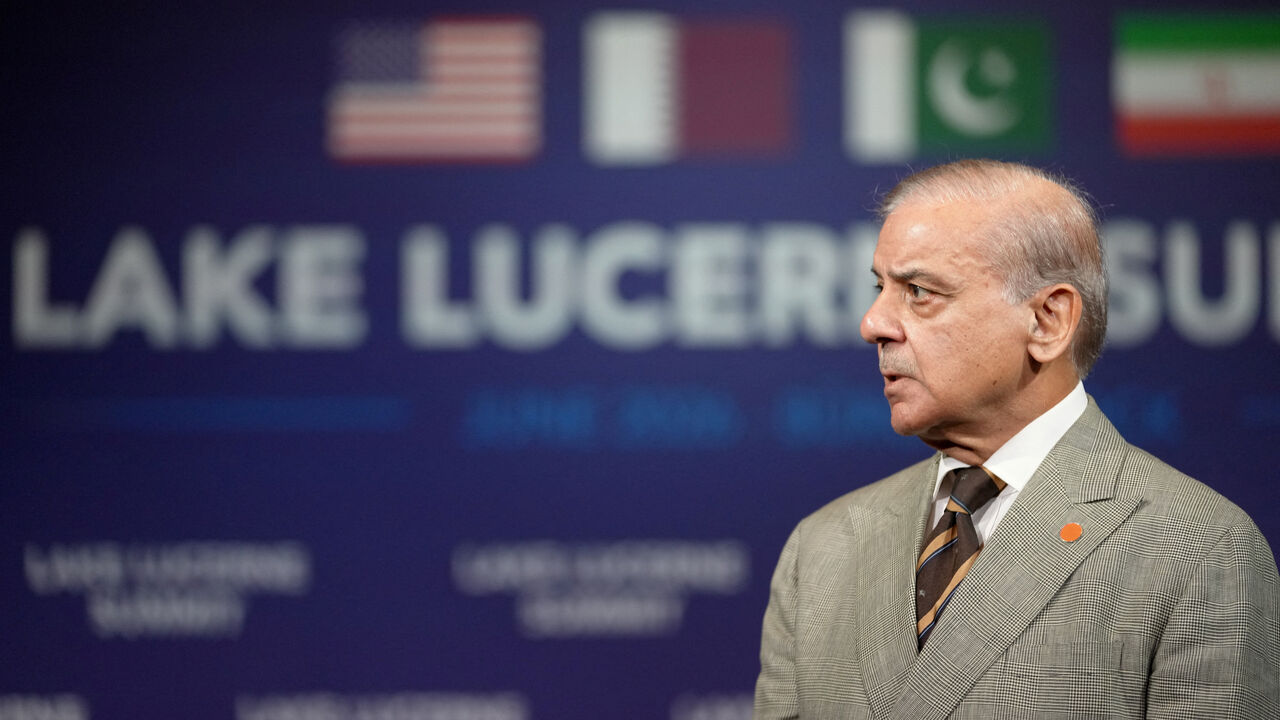 Pakistan's Prime Minister Shehbaz Sharif attends a quadrilateral meeting between the U.S., Iran, Pakistan, and Qatar at the Lake Lucerne Summit, aimed at advancing a deal to end the Middle East conflict, at Buergenstock Resort Lake Lucerne, near Stansstad, Switzerland, June 21, 2026. REUTERS/Nathan Howard/Pool