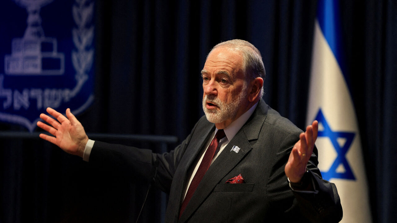 FILE PHOTO: U.S. Ambassador to Israel Mike Huckabee speaks during the Jerusalem Summit, a conference on antisemitism and Christian support for Israel, at the Israel's Ministry of Foreign Affairs, in Jerusalem, June 11, 2026. REUTERS/Ronen Zvulun/File Photo