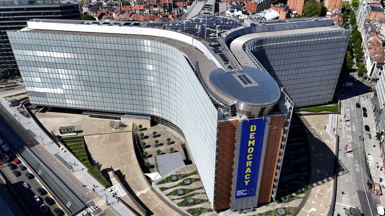 A drone view shows the European Commission headquarters known as the Berlaymont building in Brussels, Belgium April 29, 2026. REUTERS/Yves Herman