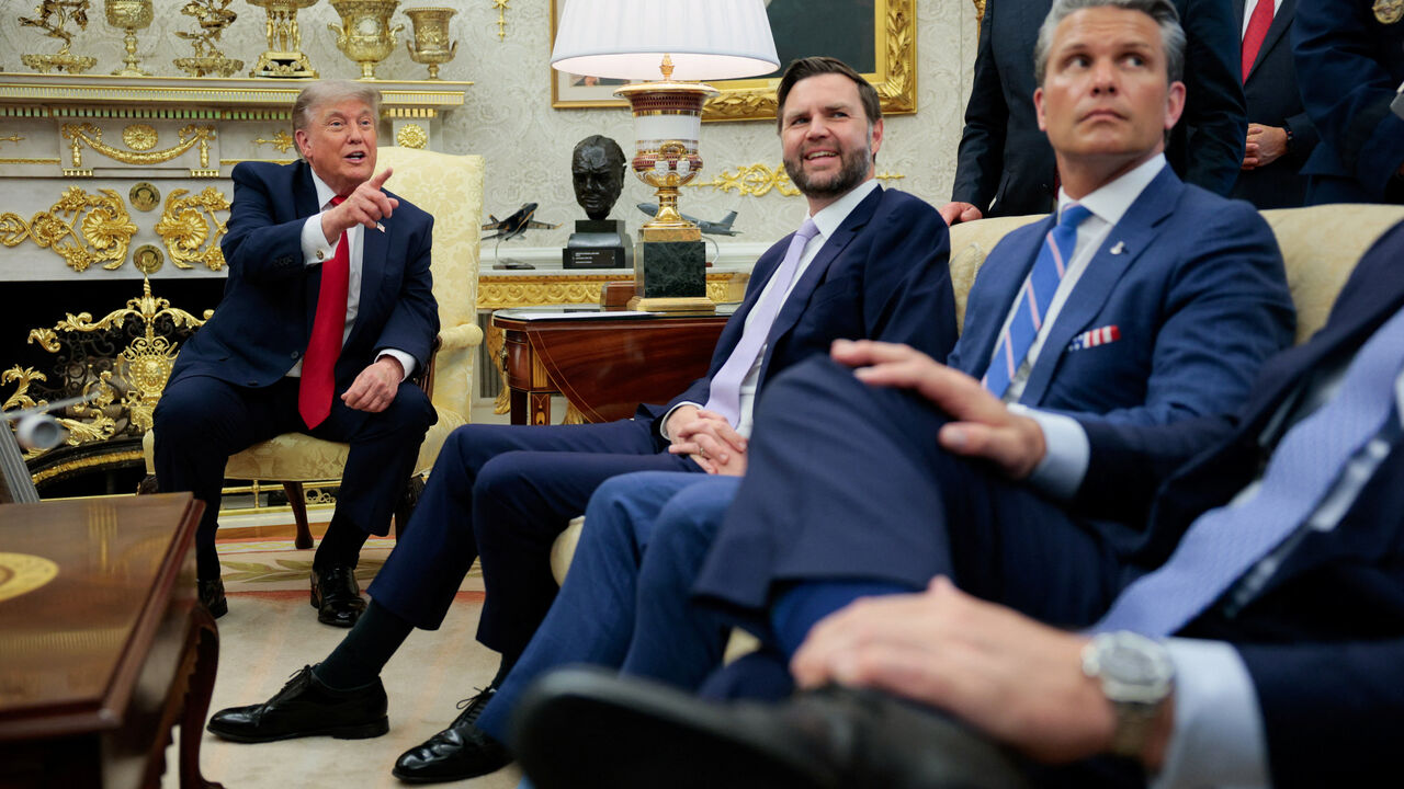 U.S. President Donald Trump, U.S. Vice President JD Vance and U.S. Secretary of Defense Pete Hegseth participate in a meeting with NATO Secretary General Mark Rutte (not pictured) in the Oval Office at the White House in Washington, D.C., U.S., June 24, 2026. REUTERS/Evan Vucci