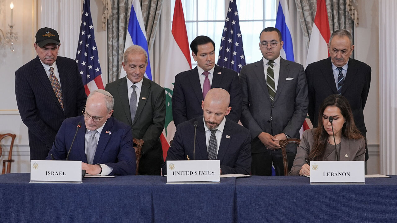 U.S. Secretary of State Marco Rubio looks on as State Department Counselor Daniel Holler, Israel's Ambassador to the U.S. Yechiel Leiter and Lebanon's Ambassador to the U.S. Nada Hamadeh sign a framework agreement between Israel and Lebanon, at the State Department in Washington, D.C., U.S., June 26, 2026. REUTERS/Ken Cedeno