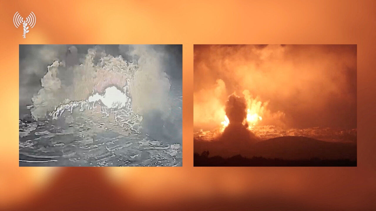 A split screen of two videos of blasts, one of which shot in thermal imaging, that a joint statement by the Israeli prime minister and defense minister says shows the Israeli military destroying underground infrastructure used by Lebanese militant group Hezbollah in a village in southern Lebanon, at a location given as Majdal Zoun, southern Lebanon, in this still image taken from video released June 28, 2026.    Israeli Military/Handout via REUTERS