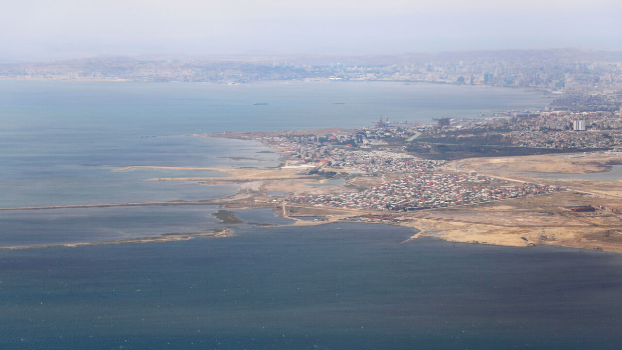 An aerial view of the Caspian Sea near the city of Baku is pictured through the window of Turkish Airlines airplane, ahead of Europa League Final, in Baku Azerbaijan May 27, 2019. REUTERS/Amr Abdallah Dalsh