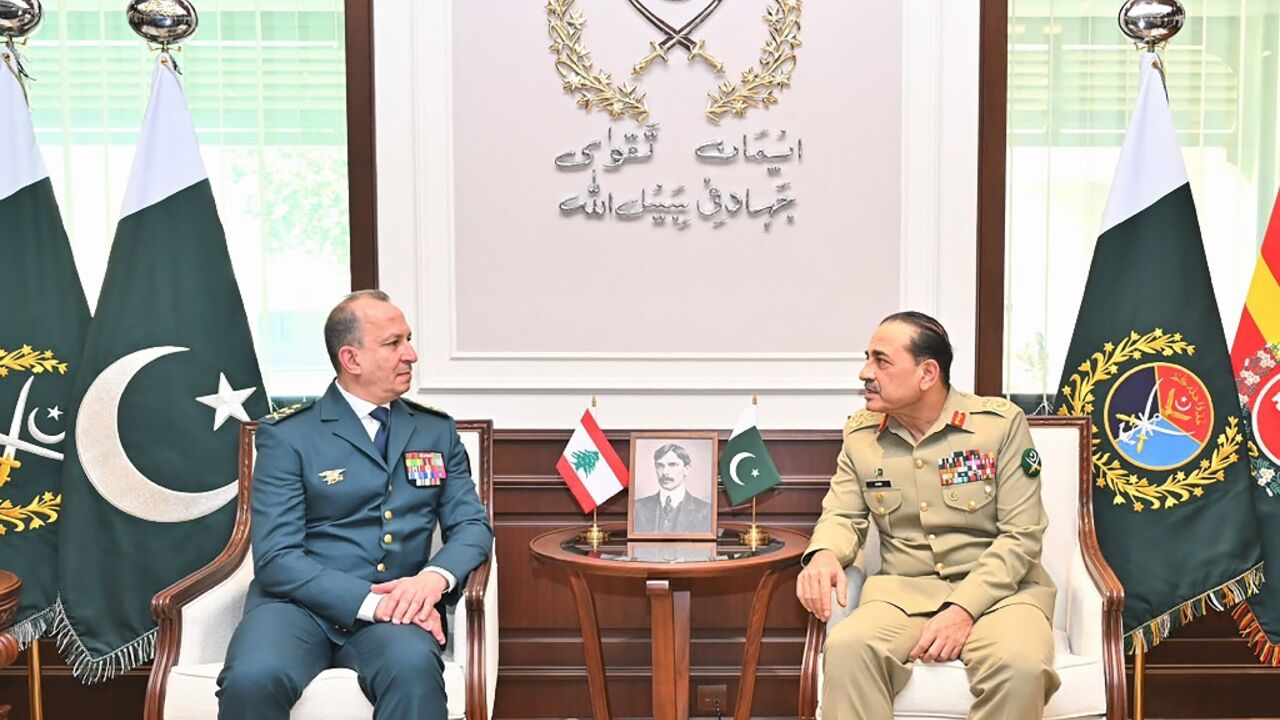 This handout photograph taken and released on June 9, 2026 by Pakistan's Inter-Services Public Relations (ISPR) shows Pakistan's Army Chief and Field Marshal Syed Asim Munir (R) speaking with General Rodolphe Haykal, Commander-in-Chief of the Lebanese Armed Forces during their meeting in Rawalpindi. 