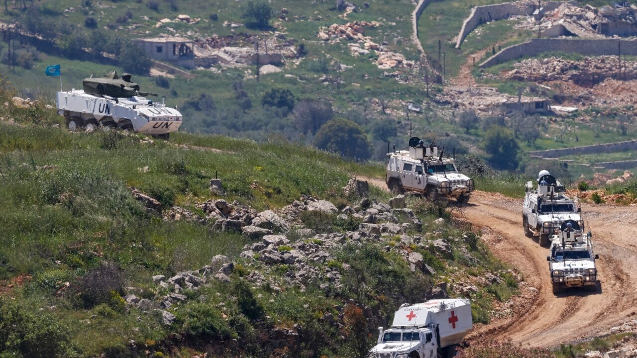 A United Nations convoy drives through southern Lebanon near the border with Israel on April 29