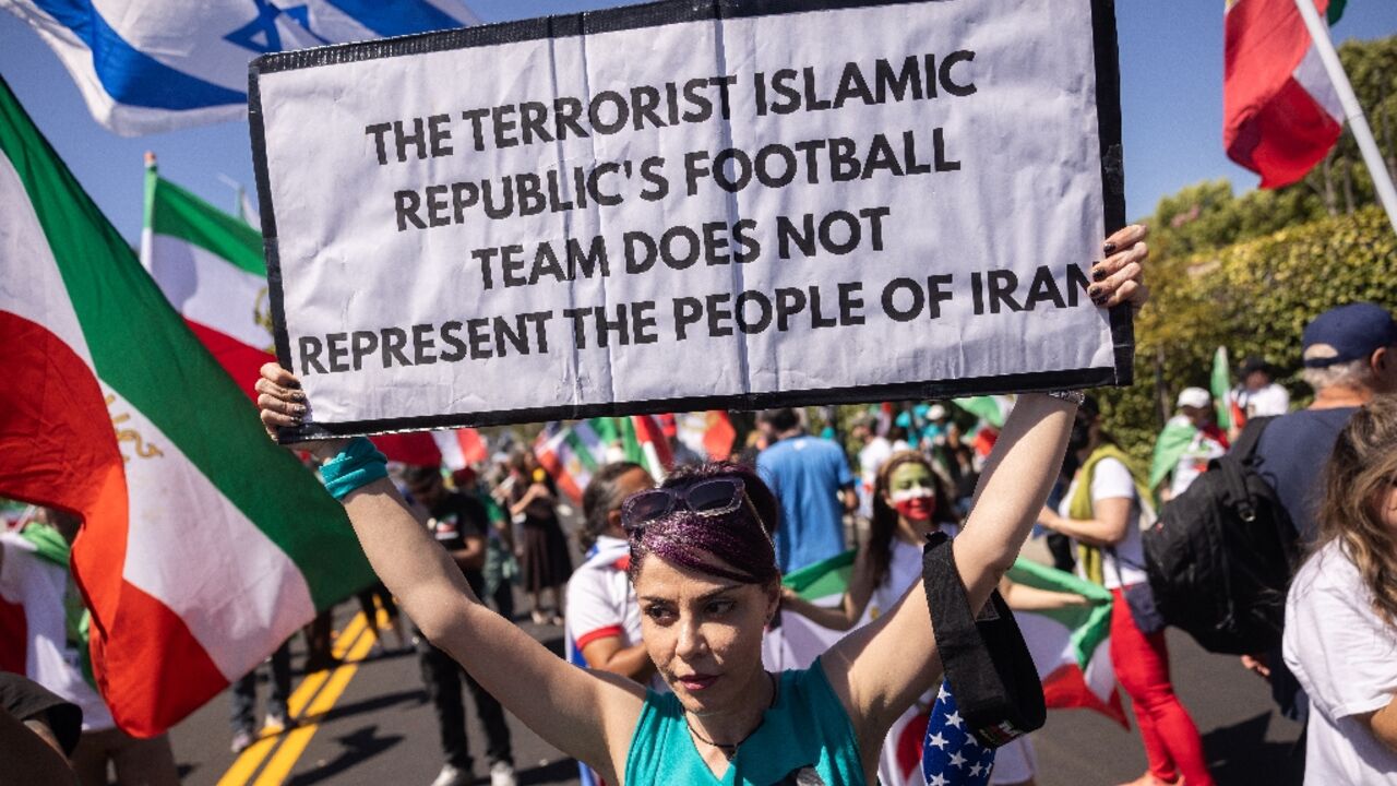Hundreds gathered at SoFi stadium to protest against the Iranian national team, which they say represents the Islamic republic's government, and not the Iranian people
