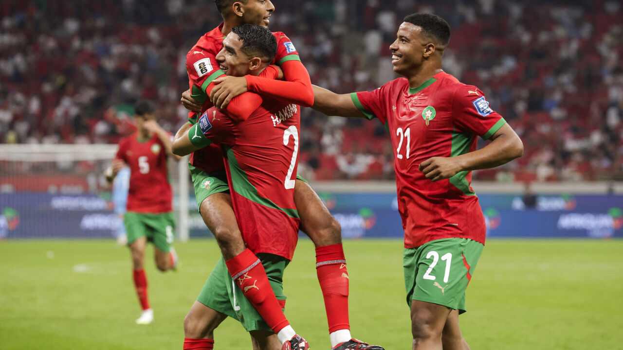 Morocco's midfielder Azzedine Ounahi celebrates scoring with teammates during the FIFA World Cup 2026 Group E African qualification football match between Morocco and Niger at the Prince Moulay Abdellah Sports Complex in Rabat on September 5, 2025. (Photo by Abdel Majid BZIOUAT / AFP)