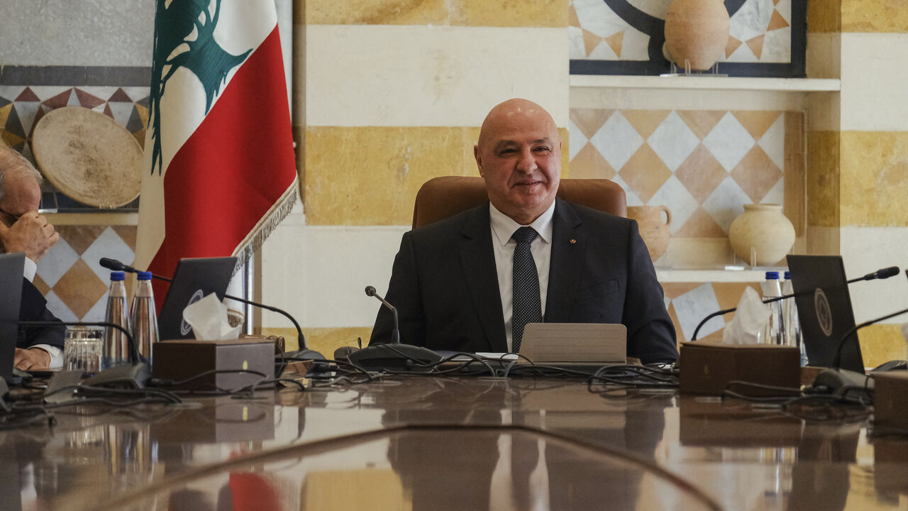 Lebanese President Joseph Aoun speaks during a government meeting at the Presidential Palace in Beirut, Lebanon, on September 5, 2025.