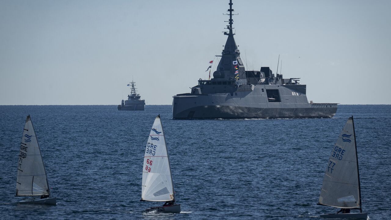 This photograph shows Kimom, the first of four modern French Defense and Intervention Frigate, part of Greece's major military modernization program, sailing upon its arrival in the Saronic Gulf, near Athens on Jan. 15, 2026.