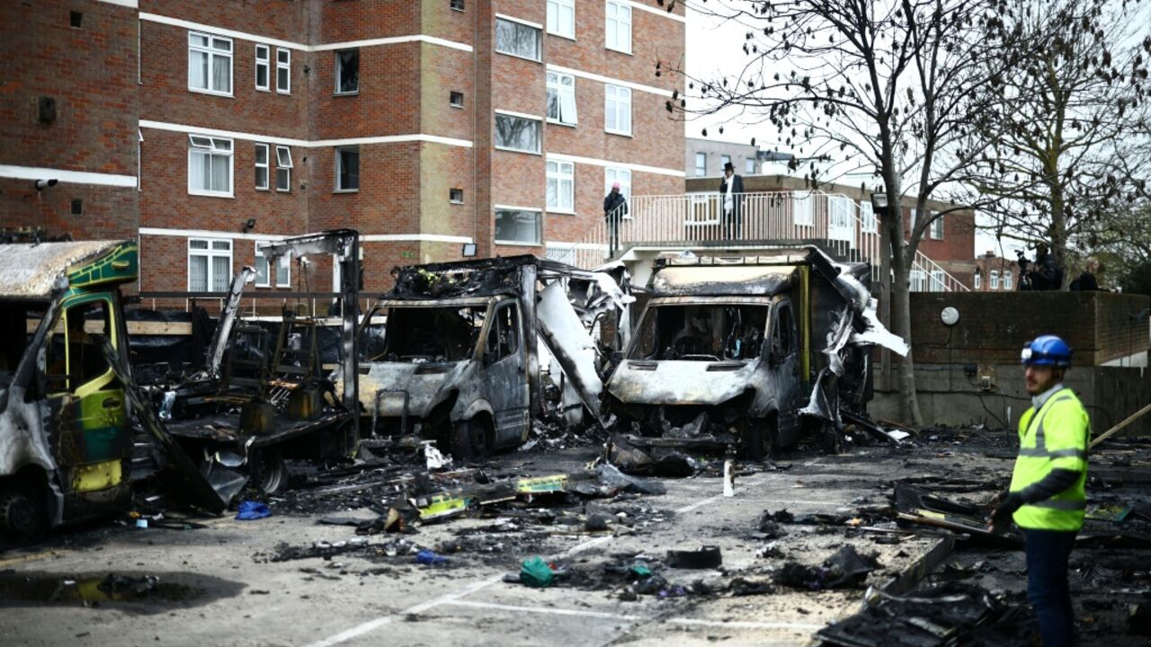 Burnt out ambulances are pictured at the scene of an antisemitic arson attack in the Golders Green neighbourhood of north London, in March 2026