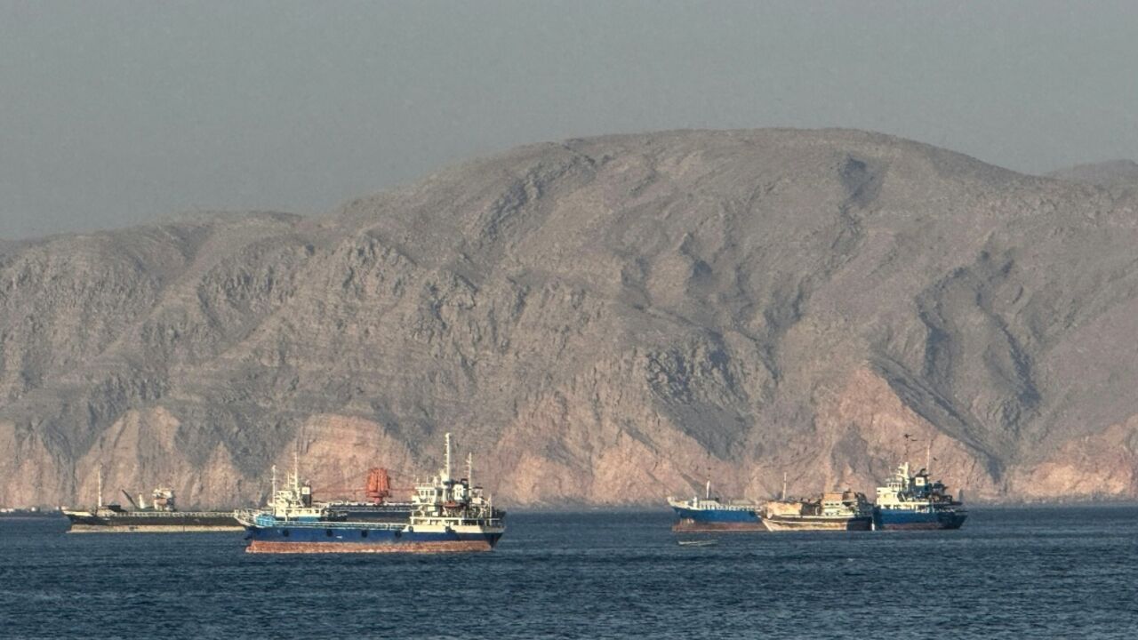 Vessels anchored in the Strait of Hormuz, off the coast of Oman on May 17, 2026
