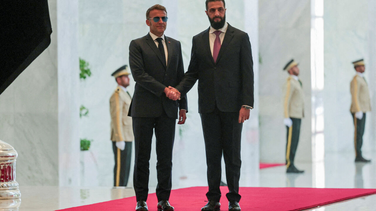 France's President Emmanuel Macron meets Syrian President Ahmed Al-Sharaa at the People's Palace in Damascus, Syria, July 7, 2026. REUTERS/Mahmoud Hassano