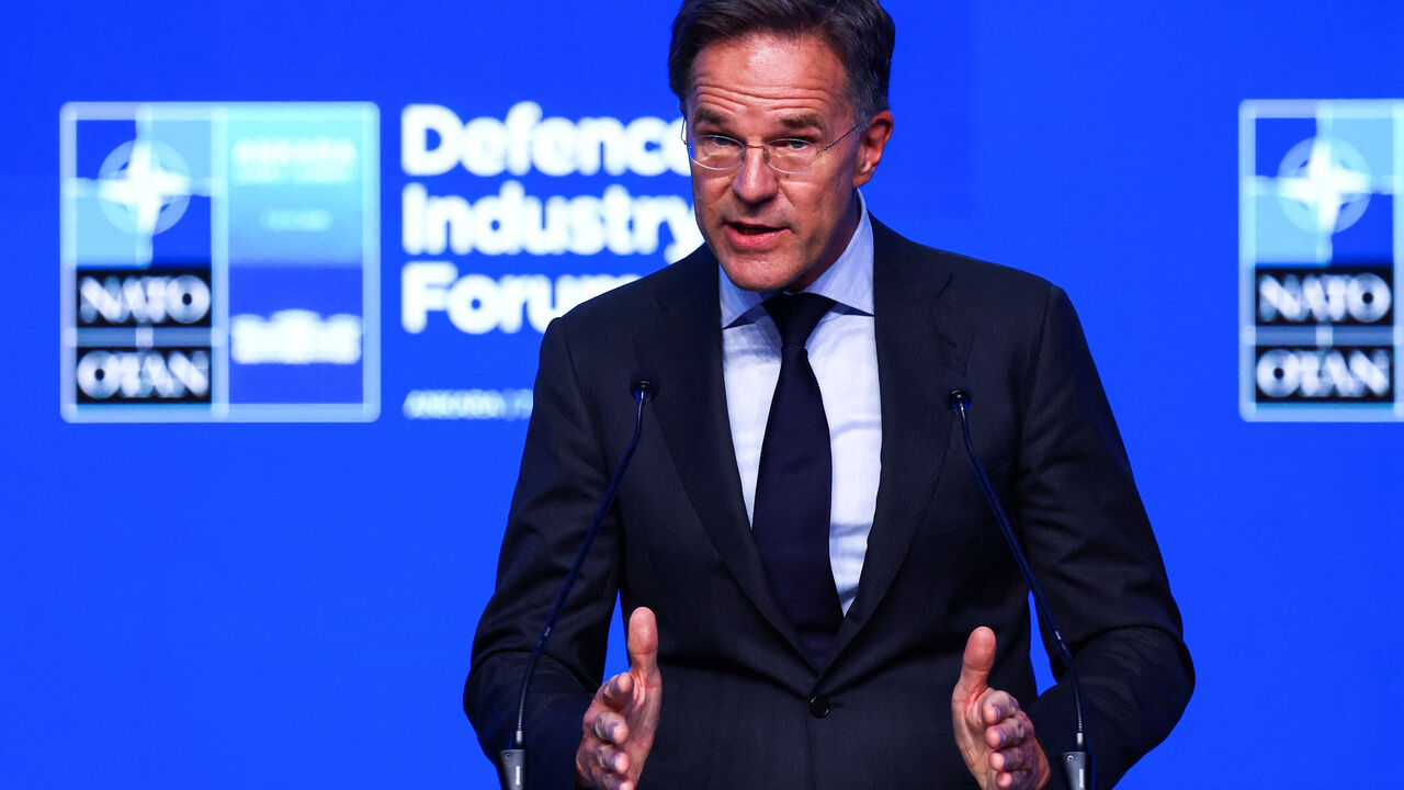 NATO Secretary General Mark Rutte delivers the keynote speech at the NATO Summit Defence Industry Forum, on the sidelines of the NATO leaders' Summit, in Ankara, Turkey, July 7, 2026. REUTERS/Yves Herman