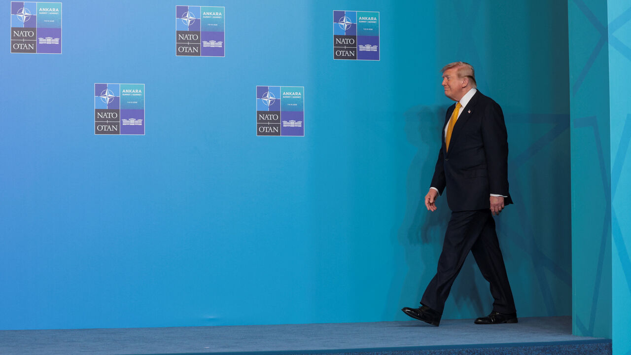 U.S. President Donald Trump arrives for a family photo during the NATO leaders summit at the Bestepe Presidential Compound in Ankara, Turkey, July 8, 2026. REUTERS/Jonathan Ernst