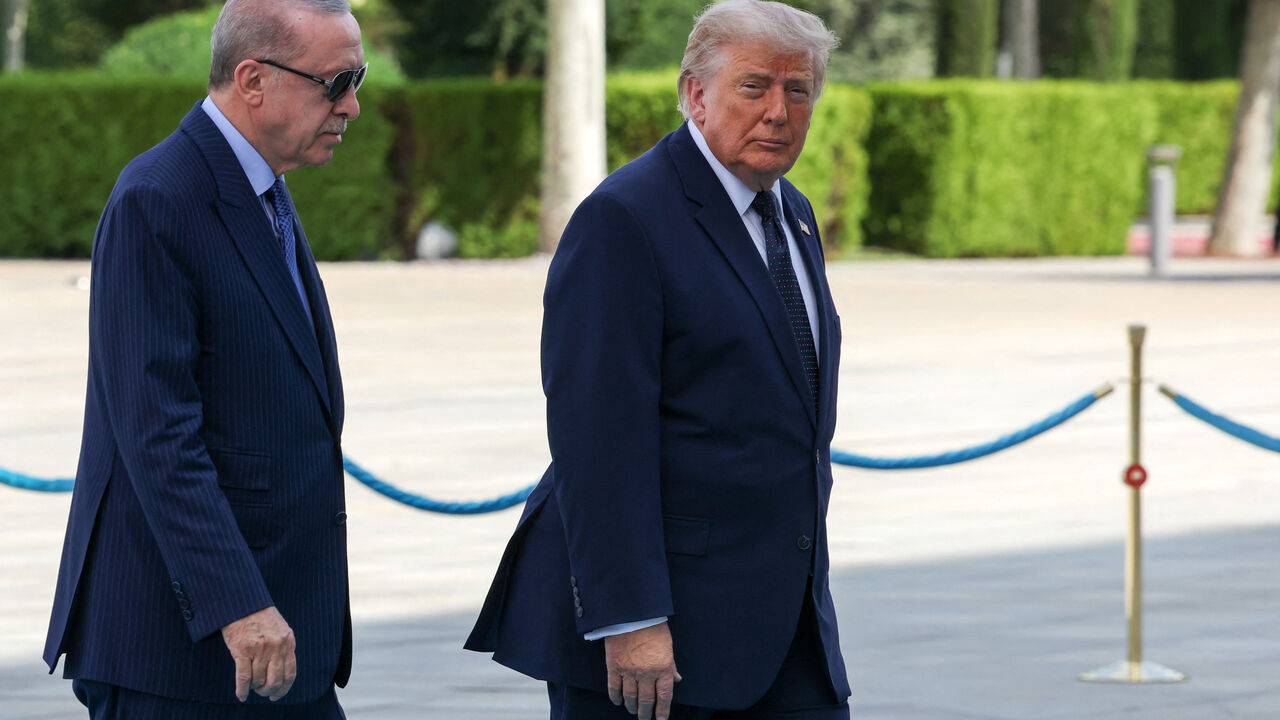U.S. President Donald Trump and Turkish President Tayyip Erdogan participate in a state arrival ceremony, ahead of a NATO leaders' summit, at the Bestepe Presidential Compound in Ankara, Turkey, July 7, 2026. REUTERS/Umit Bektas