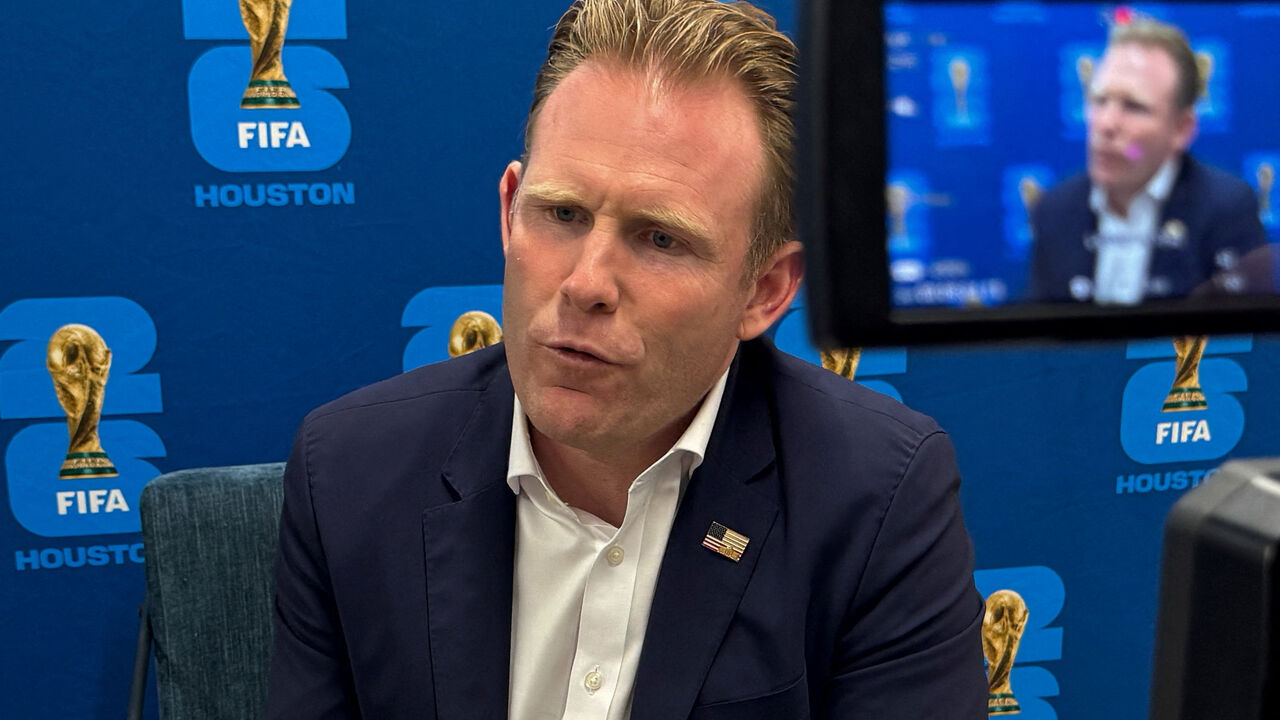 Andrew Giuliani, Executive Director of the White House Task Force for the FIFA World Cup 2026, speaks during an interview with Reuters at the FIFA Fan Festival Media Center, in Houston, Texas, U.S.,  June 20, 2026. Picture taken with a mobile phone. REUTERS/Lais Morais