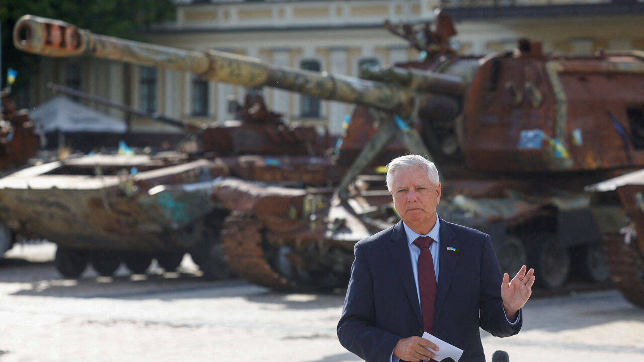 FILE PHOTO: A picture taken on July 10, 2026 shows U.S. Senator Lindsey Graham (R-SC) speaking to the media after his meeting with Ukraine's President Volodymyr Zelenskiy, amid Russia's attack on Ukraine, in Kyiv, Ukraine. REUTERS/Valentyn Ogirenko/File Photo
