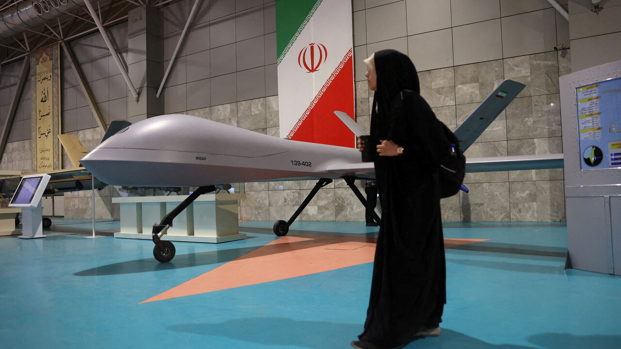 FILE PHOTO: An Iranian drone is displayed at the Islamic Revolutionary Guard Corps (IRGC) Aerospace Force Museum in Tehran, Iran, November 12, 2025. Majid Asgaripour/WANA (West Asia News Agency) via REUTERS   ATTENTION EDITORS - THIS PICTURE WAS PROVIDED BY A THIRD PARTY/File Photo