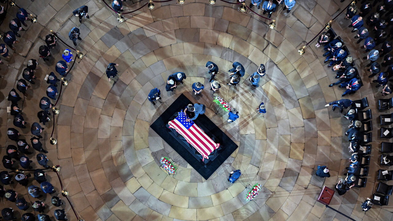 The casket of the late Senator Lindsey Graham, (R-SC) is seen during a Congressional tribute to Graham in the Rotunda of the US Capitol in Washington, D.C., July 28, 2026. Graham, who was elected to the Senate in 2002, died suddenly on July 11th from a heart ailment. He was 71 years old. Kenny Holston/Pool via REUTERS