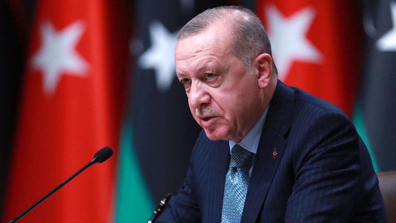 Turkish President Recep Tayyip Erdogan delivers a speech after a signing ceremony with Libyan Government of National Unity prime minister at the Presidential Complex in Ankara, on April 12, 2021. 