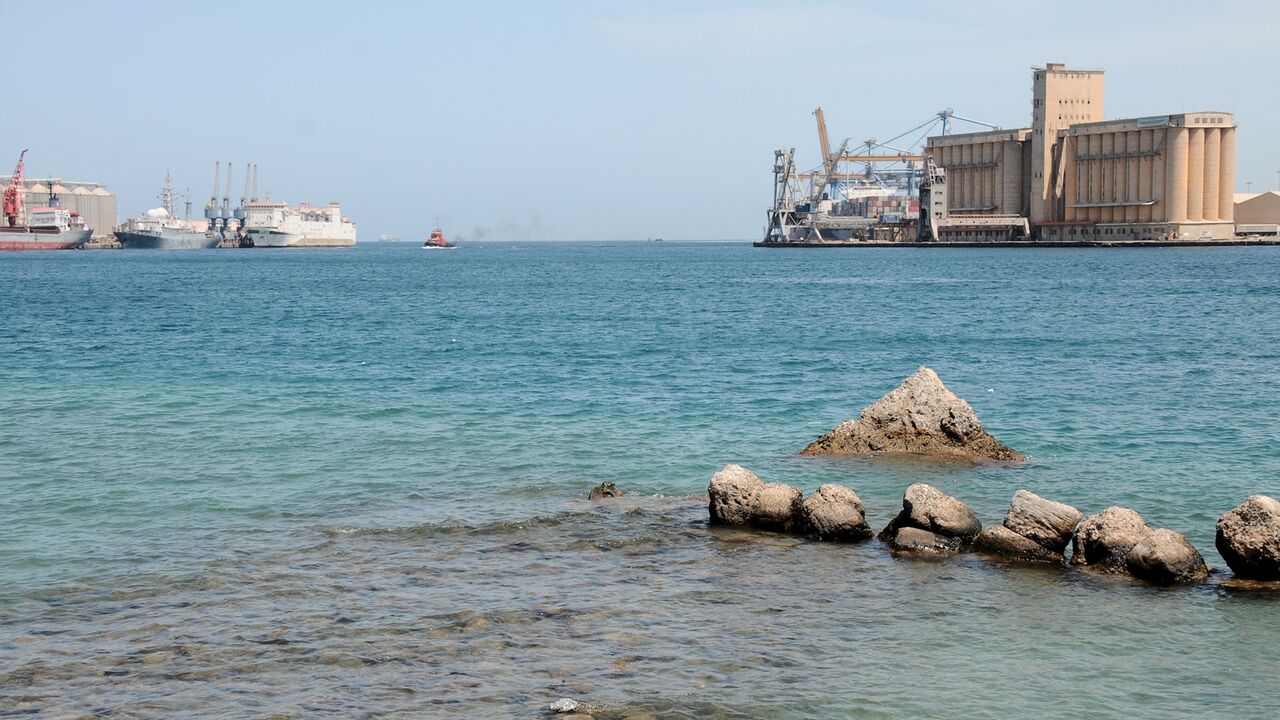 A general view shows docked ships at the harbor of the Sudanese city of Port Sudan, on April 27, 2021. 