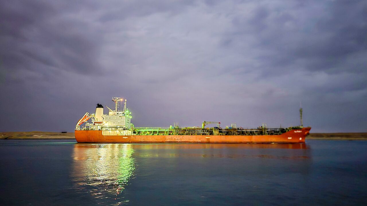 A vessel transits the Suez Canal toward the Red Sea amid Houthi attacks on shipping, Nov. 3, 2024.