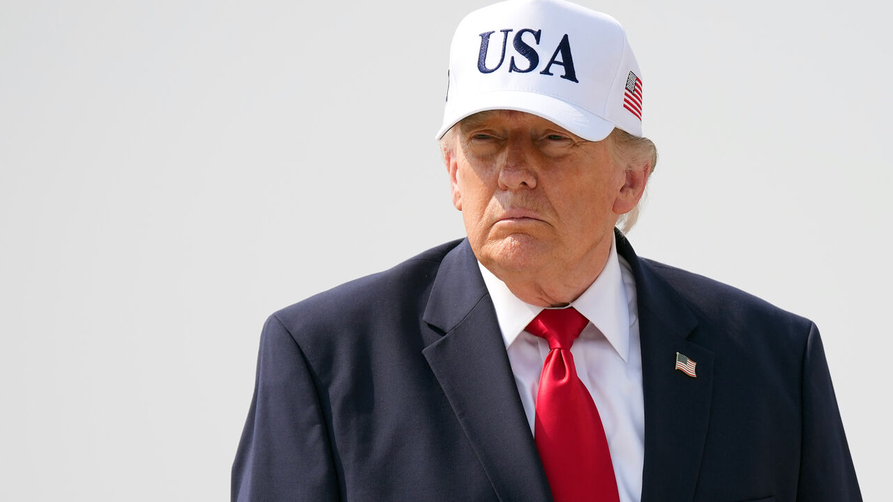 US President Donald Trump walks to board Air Force One as he departs Bismarck Municipal Airport on July 01, 2026 in Bismarck, North Dakota. 