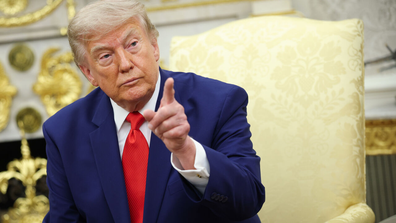 US President Donald Trump takes questions from the media during a bilateral meeting with President of Lebanon Joseph Aoun in the Oval Office of the White House on July 21, 2026 in Washington, DC. 