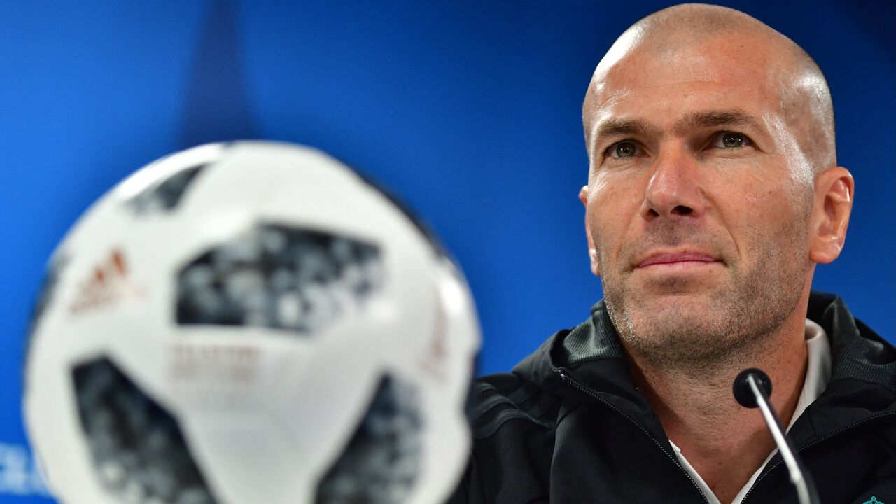 Zinedine Zidane, while coach of Real Madrid, attends a press conference on the eve of their FIFA Club World Cup final match against Brazilian Gremio, Abu Dhabi, Dec. 15, 2017.