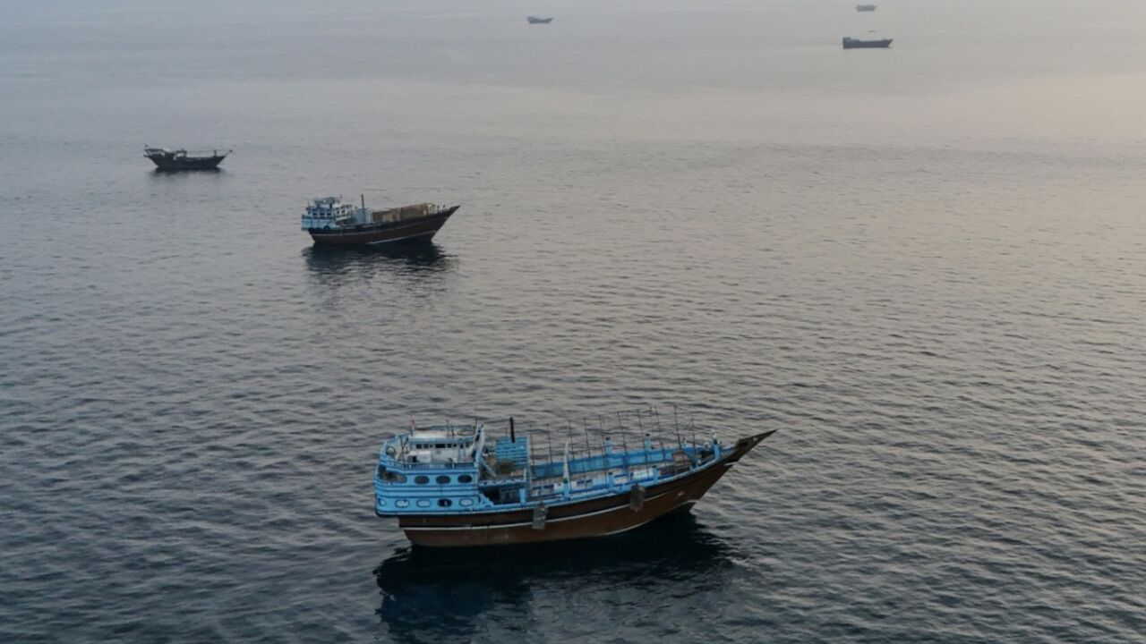 Boats anchored off the coast of northern Oman near the Strait of Hormuz. The waterway remains at the heart of the dispute between the US and Iran