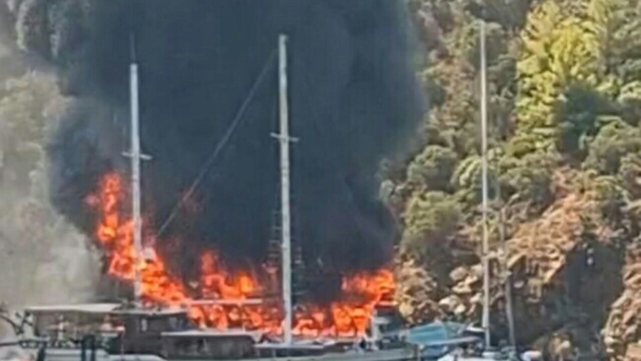 The children's tour boat in flames near the resort of Fethiye in southwestern Turkey