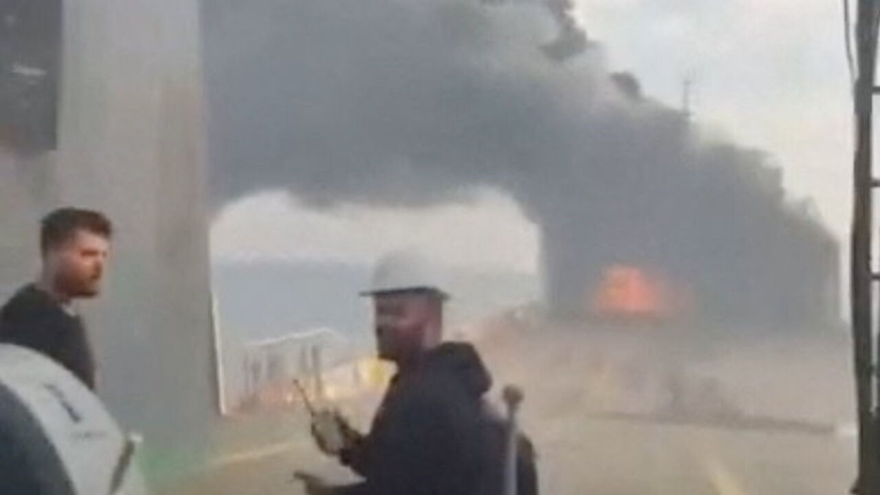 Smoke rises from a fire on the cargo ship Nadezhda after it was hit in a drone attack near Russia's Black Sea port of Novorossiysk, August 3, 2026 in this still image obtained from social media video. Social Media/via REUTERS