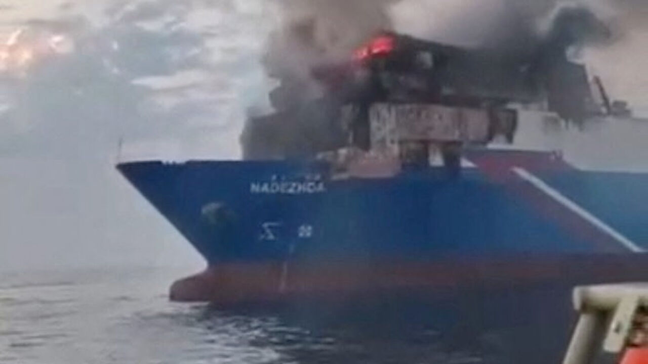 Smoke rises from a fire on the cargo ship Nadezhda after it was hit in a drone attack near Russia's Black Sea port of Novorossiysk, August 3, 2026 in this still image obtained from social media video. Social Media/via REUTERS