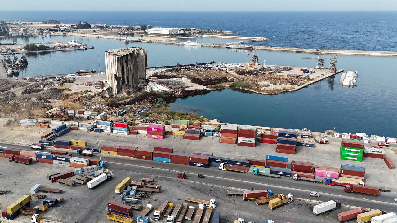A drone view of containers and the partially collapsed grain silos, damaged in the August 4, 2020 Beirut port blast, at Beirut port, Lebanon, November 4, 2025. REUTERS/Emilie Madi