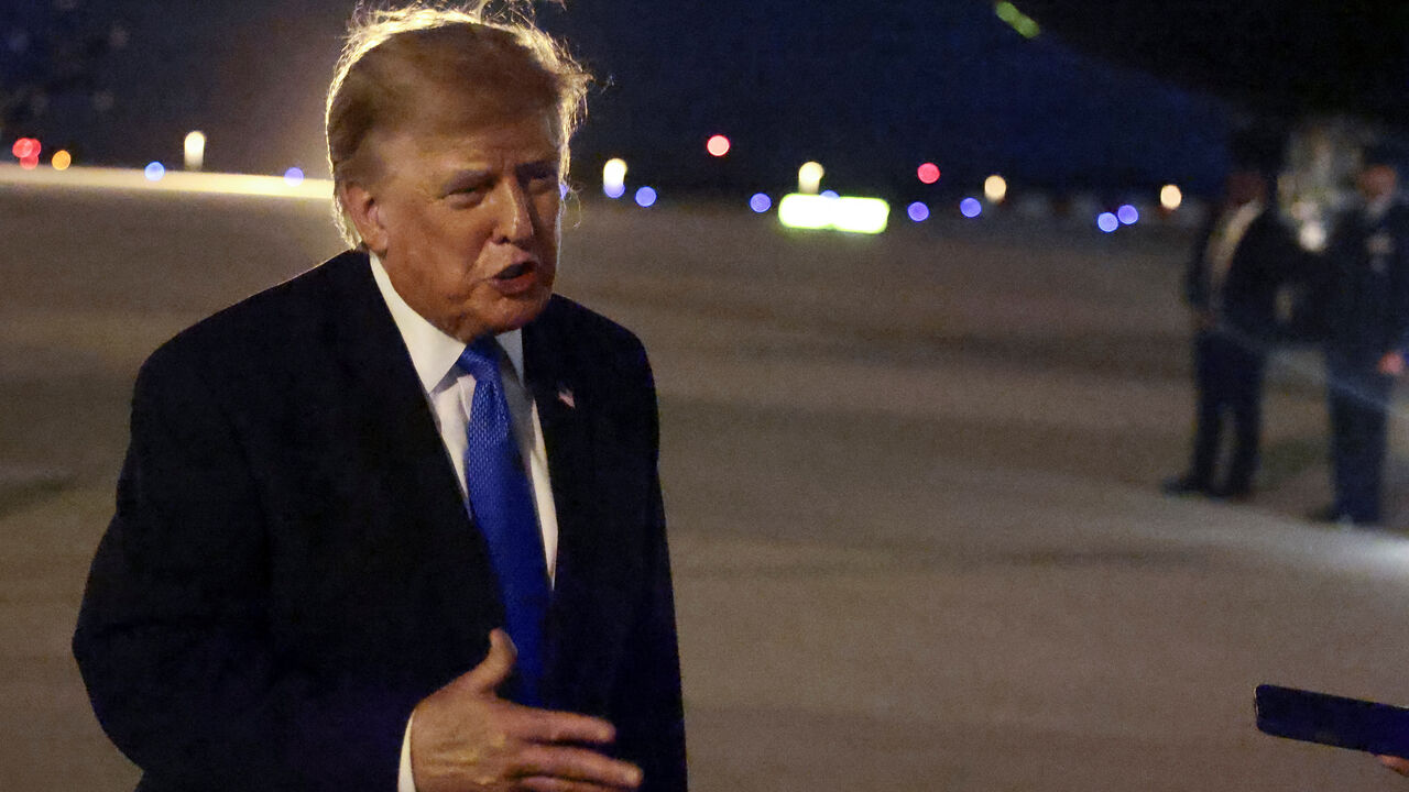 U.S. President Donald Trump speaks to the media upon arrival at Los Angeles International Airport before departing Los Angeles for Las Vegas, Nevada, in Los Angeles, California, U.S., August 4, 2026. REUTERS/Evelyn Hockstein