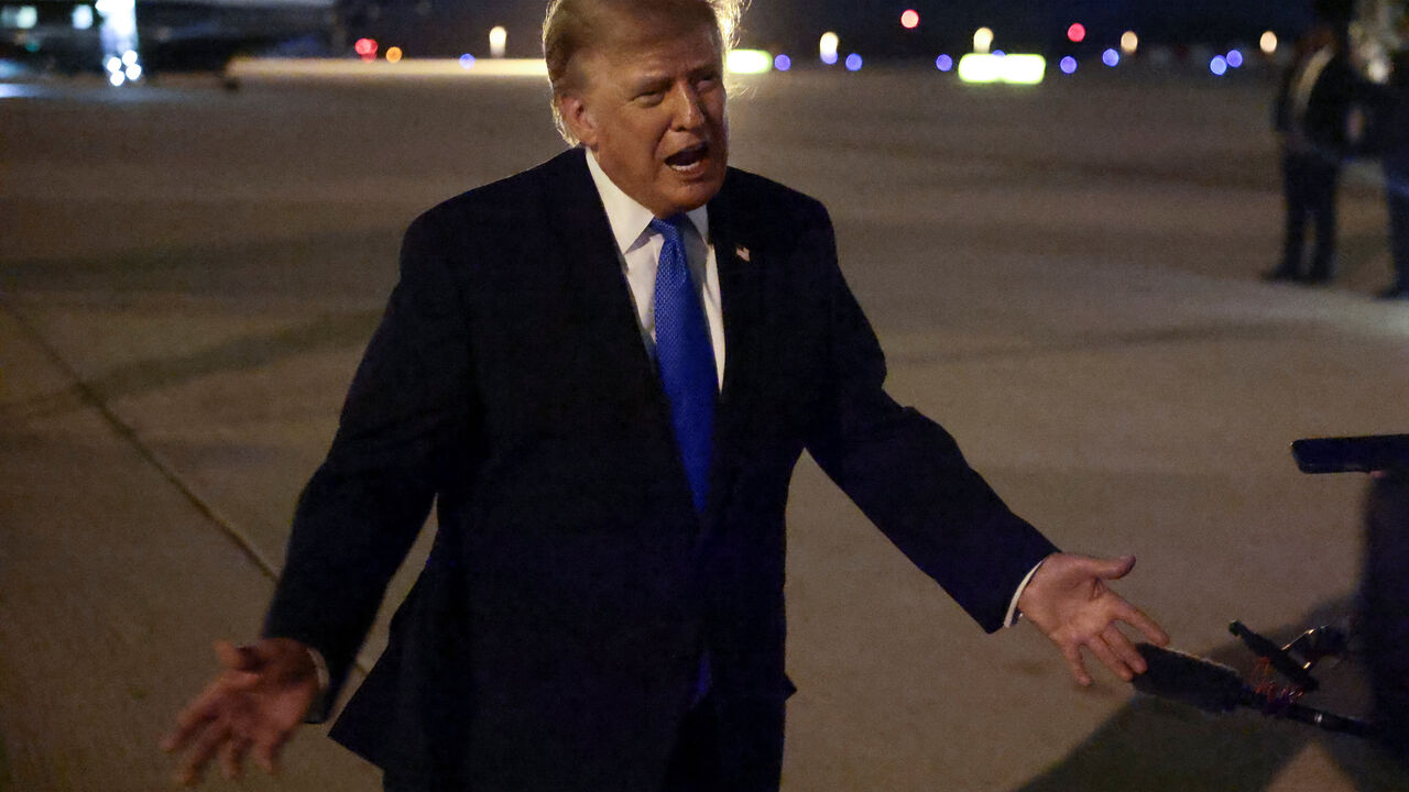 U.S. President Donald Trump speaks to the media upon arrival at Los Angeles International Airport before departing Los Angeles for Las Vegas, Nevada, in Los Angeles, California, U.S., August 4, 2026. REUTERS/Evelyn Hockstein